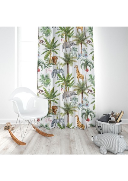 Tropikal Orman Hayvanları 2, Yeşil, Beyaz, Ithal Kumaş, Çocuk ve Bebek Odası Fon Perde - 1 Kanat