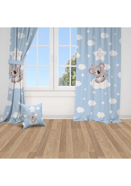 Bebek Koalalar, Mavi, Beyaz, Ithal Kumaş, Çocuk ve Bebek Odası Fon Perde - 1 Kanat