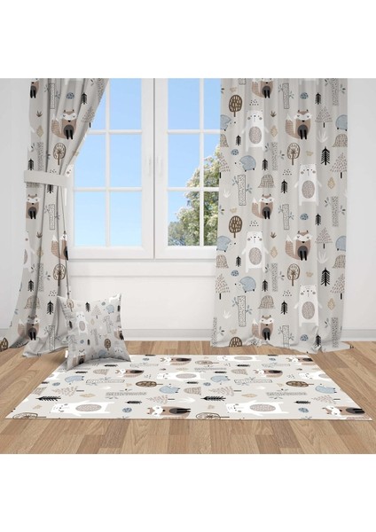 Sevimli Orman Hayvanları, Gri, Kahverengi, Ithal Kumaş, Çocuk ve Bebek Odası Fon Perde -1 Kanat