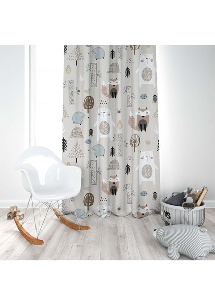 Sevimli Orman Hayvanları, Gri, Kahverengi, Ithal Kumaş, Çocuk ve Bebek Odası Fon Perde -1 Kanat modelleri