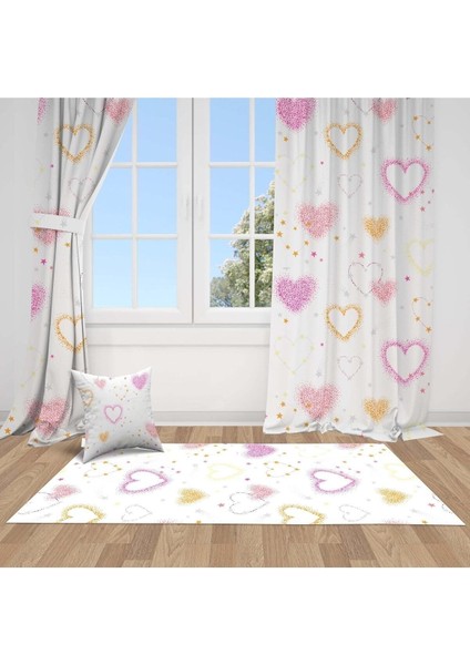 Pembe ve Sarı Kalpler, Ithal Kumaş, Çocuk ve Bebek Odası Fon Perde - 1 Kanat