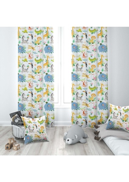 Safari Hayvanları Aslan, Fil, Sarı, Mavi, Ithal Kumaş, Çocuk ve Bebek Odası Fon Perde - 1 Kanat