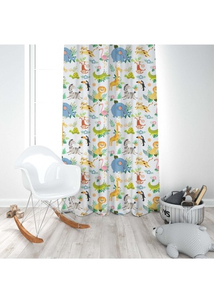 Safari Hayvanları Aslan, Fil, Sarı, Mavi, Ithal Kumaş, Çocuk ve Bebek Odası Fon Perde - 1 Kanat modelleri