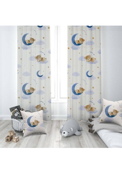 Uyuyan Ayı, Mavi, Beyaz, Ithal Kumaş, Çocuk ve Bebek Odası Fon Perde - 1 Kanat