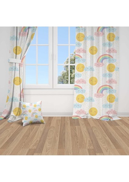Gülen Bulut ve Güneş, Beyaz, Sarı, Ithal Kumaş, Çocuk ve Bebek Odası Fon Perde - 1 Kanat