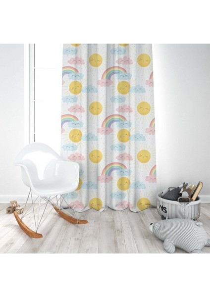Gülen Bulut ve Güneş, Beyaz, Sarı, Ithal Kumaş, Çocuk ve Bebek Odası Fon Perde - 1 Kanat modelleri