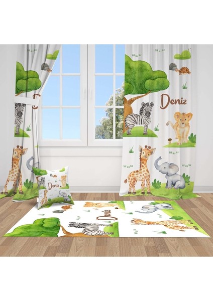Orman Hayvanları, Renkli, Beyaz, Yeşil, Ithal Kumaş, Çocuk ve Bebek Odası Fon Perde - 1 Kanat