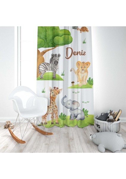 Orman Hayvanları, Renkli, Beyaz, Yeşil, Ithal Kumaş, Çocuk ve Bebek Odası Fon Perde - 1 Kanat modelleri