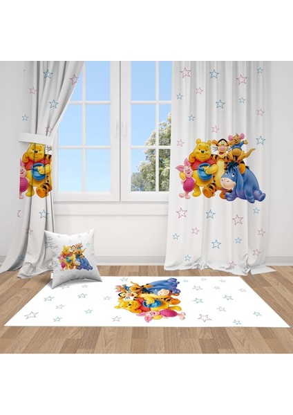 Winnie The Pooh ve Arkadaşları, Beyaz, Sarı, Ithal Kumaş, Çocuk ve Bebek Odası Fon Perde - 1 Kanat