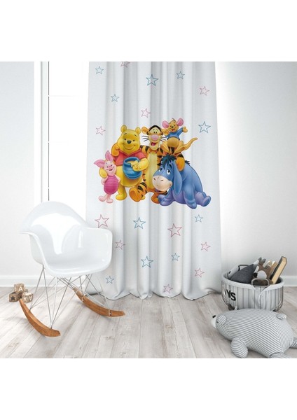 Winnie The Pooh ve Arkadaşları, Beyaz, Sarı, Ithal Kumaş, Çocuk ve Bebek Odası Fon Perde - 1 Kanat modelleri