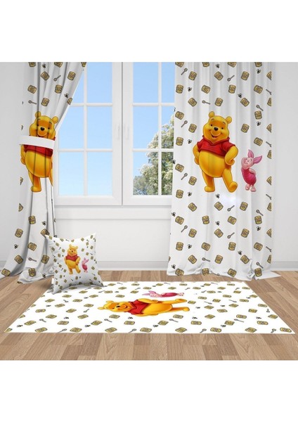 Winnie The Pooh, Beyaz, Sarı, Ithal Kumaş, Çocuk ve Bebek Odası Fon Perde - 1 Kanat