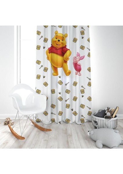 Winnie The Pooh, Beyaz, Sarı, Ithal Kumaş, Çocuk ve Bebek Odası Fon Perde - 1 Kanat modelleri