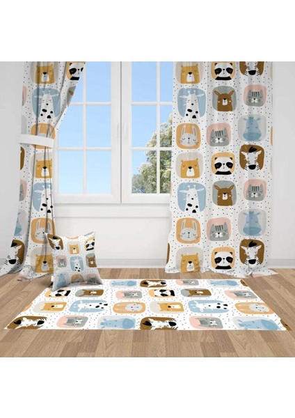 Sevimli Safari Hayvanları,beyaz, Mavi, Ithal Kumaş, Çocuk ve Bebek Odası Fon Perde - 1 Kanat
