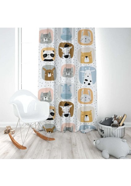 Sevimli Safari Hayvanları,beyaz, Mavi, Ithal Kumaş, Çocuk ve Bebek Odası Fon Perde - 1 Kanat modelleri