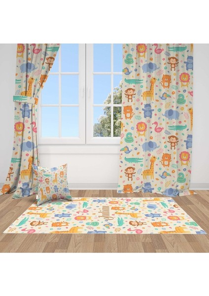 Renkli Safari Hayvanları, Krem, Mavi, Turuncu, Ithal Kumaş, Çocuk ve Bebek Odası Fon Perde - 1 Kanat