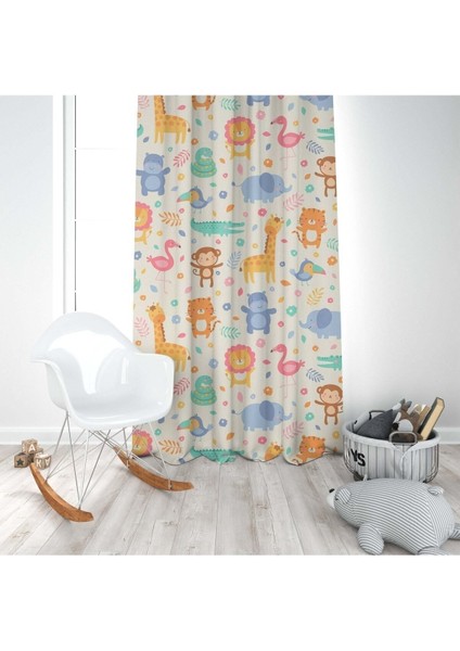 Renkli Safari Hayvanları, Krem, Mavi, Turuncu, Ithal Kumaş, Çocuk ve Bebek Odası Fon Perde - 1 Kanat modelleri