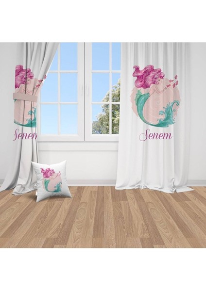 Sevimli Prenses Deniz Kızı, Beyaz, Pembe, Ithal Kumaş, Çocuk ve Bebek Odası Fon Perde - 1 Kanat