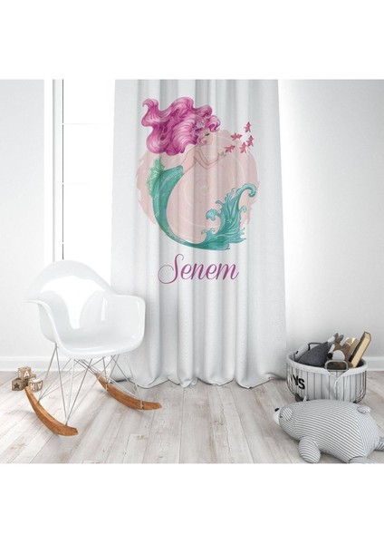 Sevimli Prenses Deniz Kızı, Beyaz, Pembe, Ithal Kumaş, Çocuk ve Bebek Odası Fon Perde - 1 Kanat modelleri