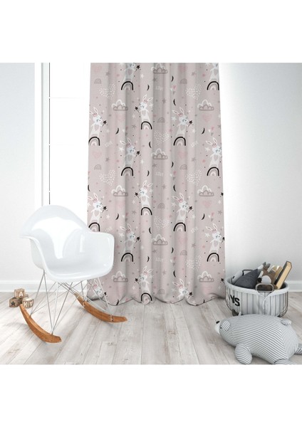 Peri Tavşanlar, Pembe, Gri, Ithal Kumaş, Çocuk ve Bebek Odası Fon Perde - 1 Kanat modelleri