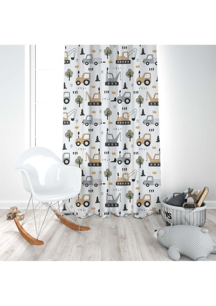 Kamyon ve Traktör, Gri, Beyaz, Ithal Kumaş, Çocuk ve Bebek Odası Fon Perde - 1 Kanat modelleri