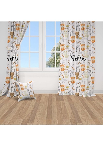 Elle Çizilmiş Orman Hayvanları, Turuncu, Beyaz Ithal Kumaş, Çocuk ve Bebek Odası Fon Perde - 1 Kanat