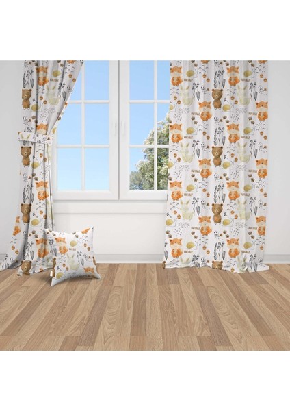 Elle Çizilmiş Orman Hayvanları, Turuncu, Beyaz Ithal Kumaş, Çocuk ve Bebek Odası Fon Perde - 1 Kanat fırsatları