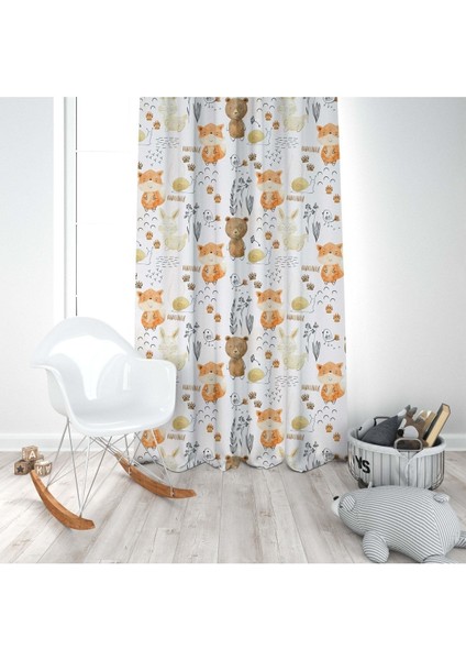 Elle Çizilmiş Orman Hayvanları, Turuncu, Beyaz Ithal Kumaş, Çocuk ve Bebek Odası Fon Perde - 1 Kanat indirimleri