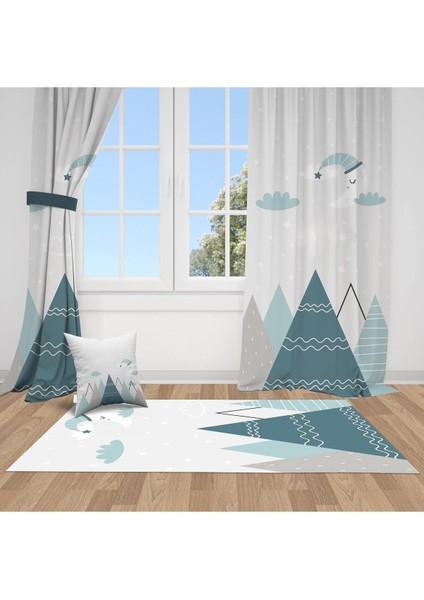 Iskandinav Dağlar ve Uyuyan Ay, Beyaz, Mavi, Ithal Kumaş, Çocuk ve Bebek Odası Fon Perde - 1 Kanat