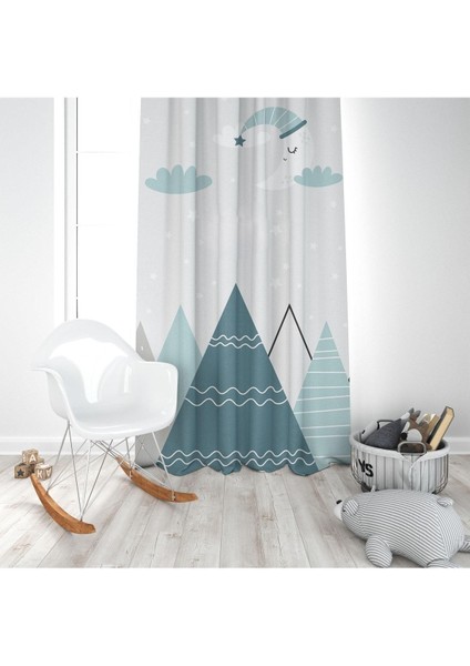 Iskandinav Dağlar ve Uyuyan Ay, Beyaz, Mavi, Ithal Kumaş, Çocuk ve Bebek Odası Fon Perde - 1 Kanat modelleri