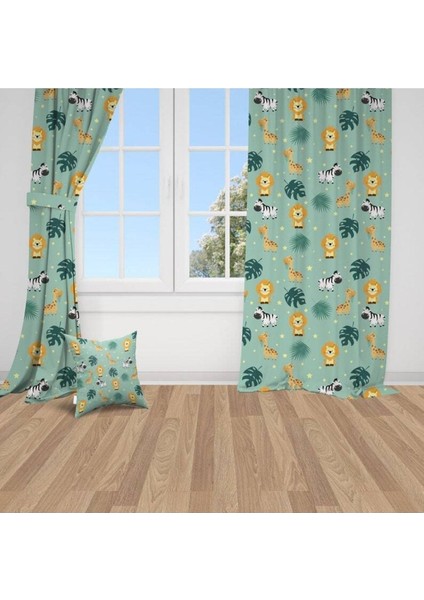 Yeşil Safari Aslan, Sarı, Turuncu, Ithal Kumaş, Çocuk ve Bebek Odası Fon Perde - 1 Kanat