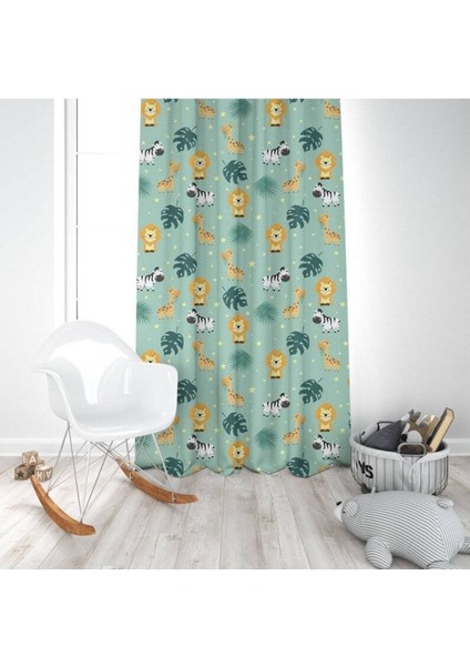 Yeşil Safari Aslan, Sarı, Turuncu, Ithal Kumaş, Çocuk ve Bebek Odası Fon Perde - 1 Kanat modelleri