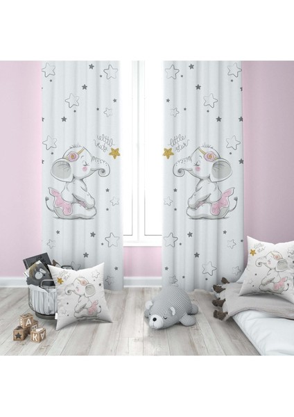 Yıldız, Fil, Beyaz, Gri, Ithal Kumaş,çocuk ve Bebek Odası Fon Perde - 1 Kanat