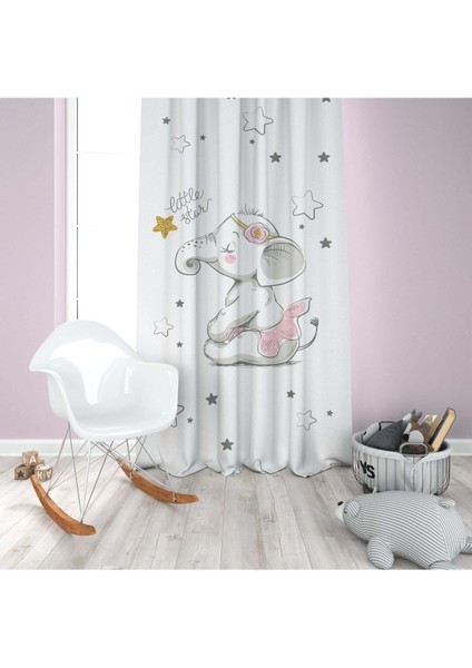 Yıldız, Fil, Beyaz, Gri, Ithal Kumaş,çocuk ve Bebek Odası Fon Perde - 1 Kanat modelleri