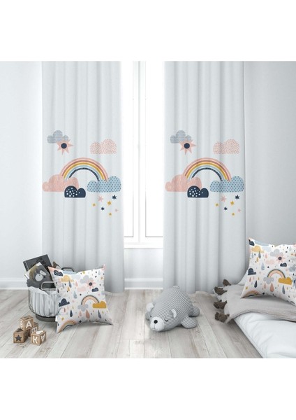 Pembe ve Mavi Gökkuşağı, Ithal Kumaş, Çocuk ve Bebek Odası Fon Perde - 1 Kanat