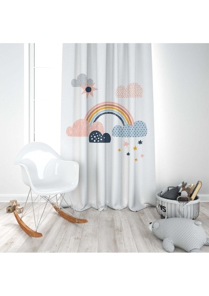 Pembe ve Mavi Gökkuşağı, Ithal Kumaş, Çocuk ve Bebek Odası Fon Perde - 1 Kanat modelleri