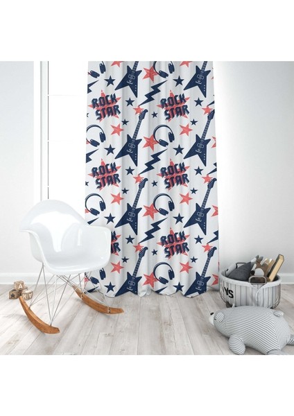 Rockstar, Beyaz, Mavi, Ithal Kumaş, Çocuk ve Bebek Odası Fon Perde - 1 Kanat modelleri