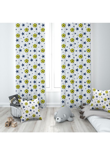 Sarı Lacivert, Futbol Topu, Beyaz, Ithal Kumaş, Çocuk Odası, Bebek Odası Fon Perde - 1 Kanat