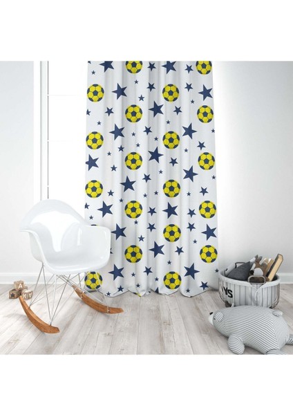 Sarı Lacivert, Futbol Topu, Beyaz, Ithal Kumaş, Çocuk Odası, Bebek Odası Fon Perde - 1 Kanat modelleri
