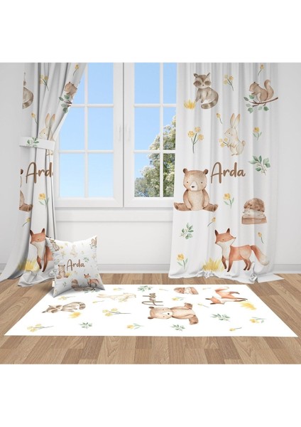 Sevimli Havanlar, Beyaz, Kahverengi, Ithal Kumaş, Çocuk ve Bebek Odası Fon Perde - 1 Kanat