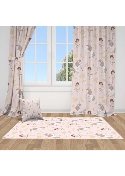 Unicorn ve Sevimli Balerin, Pembe, Beyaz, Ithal Kumaş, Çocuk ve Bebek Odası Fon Perde - 1 Kanat