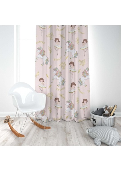 Unicorn ve Sevimli Balerin, Pembe, Beyaz, Ithal Kumaş, Çocuk ve Bebek Odası Fon Perde - 1 Kanat modelleri