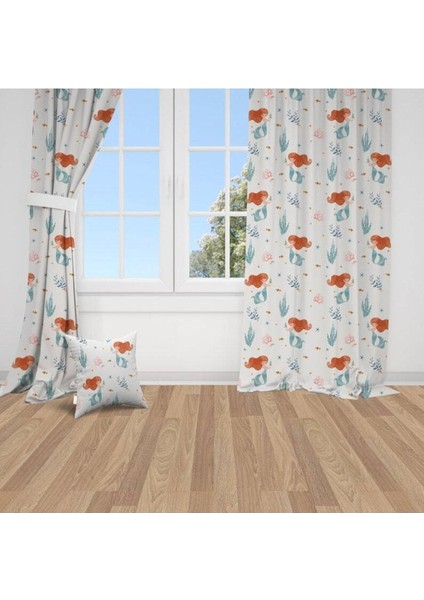 Sulu Boya Efektli, Deniz Kızı, Beyaz, Mavi, Ithal Kumaş, Çocuk ve Bebek Odası Fon Perde - 1 Kanat