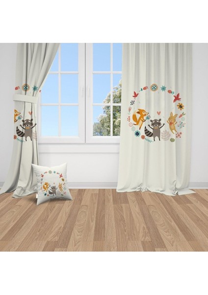Efektli, Safari Hayvanları Rakun, Krem, Ithal Kumaş, Çocuk ve Bebek Odası Fon Perde - 1 Kanat