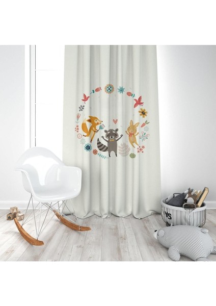 Efektli, Safari Hayvanları Rakun, Krem, Ithal Kumaş, Çocuk ve Bebek Odası Fon Perde - 1 Kanat modelleri