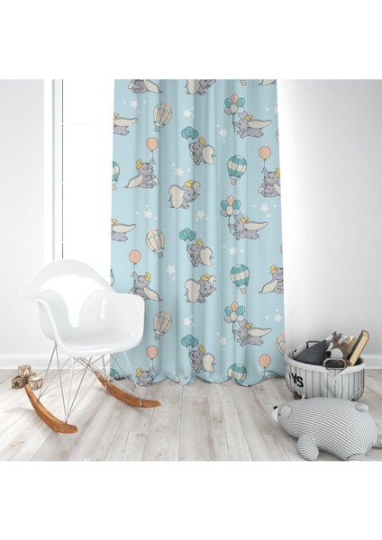 Balon Tutan Bebek Fil, Mavi, Ithal Kumaş, Çocuk ve Bebek Odası Fon Perde - 1 Kanat modelleri