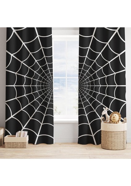 Siyah Zemin Örümcek Ağı, Siyah, Beyaz, Ithal Kumaş, Çocuk ve Bebek Odası Fon Perde - 1 Kanat