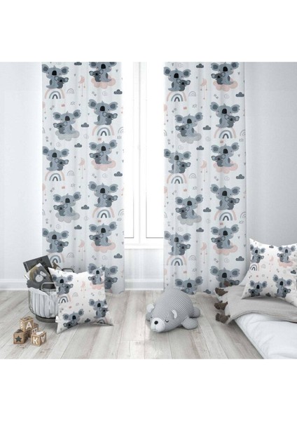 Anne ve Bebek Koalalar, Beyaqz, Gri, Ithal Kumaş, Çocuk ve Bebek Odası Fon Perde - 1 Kanat