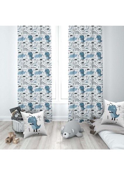 Mavi Dinazor, Beyaz, Mavi, Ithal Kumaş, Çocuk ve Bebek Odası Fon Perde - 1 Kanat