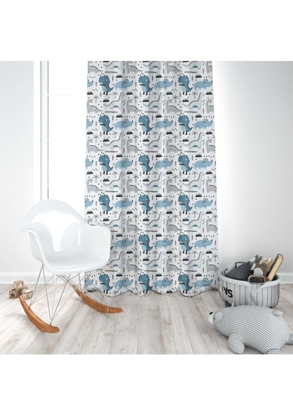 Mavi Dinazor, Beyaz, Mavi, Ithal Kumaş, Çocuk ve Bebek Odası Fon Perde - 1 Kanat modelleri