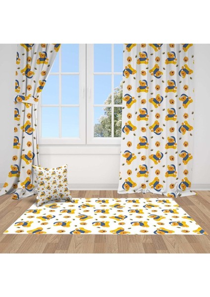 Mavi Şapkalı Ayı, Sarı, Lacivert, Ithal Kumaş, Çocuk ve Bebek Odası Fon Perde - 1 Kanat